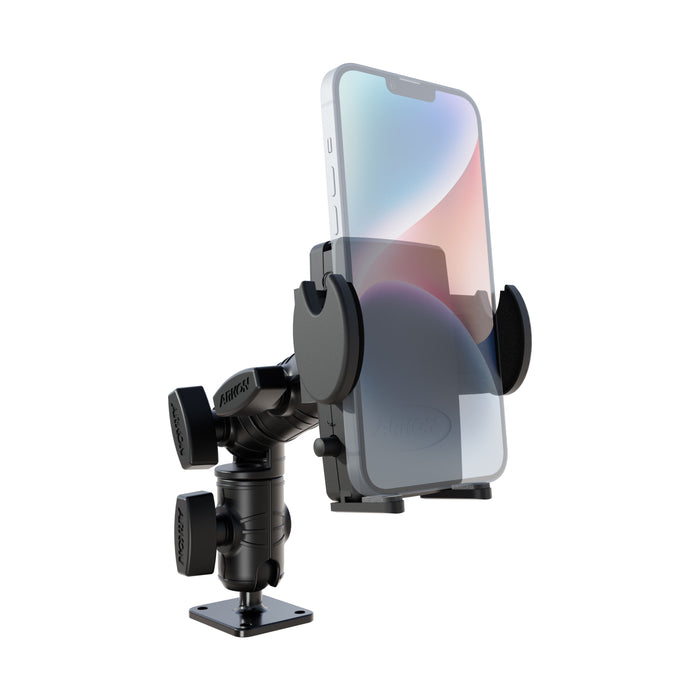 A Mega Grip™ Phone Drill-Base Mount with Ratchet Arm, shown in black and holding a smartphone securely in its adjustable grips, is attached to a flat base that features an AMPS 4-hole pattern and multiple swivel joints for versatile, flexible positioning.