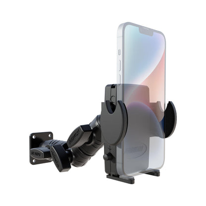 The Mega Grip™ Phone Drill-Base Mount with Ratchet Arm is a black, adjustable wall-mounted holder that securely grips a smartphone in portrait orientation. It features a ratchet arm for flexible positioning and mounts to the wall using an AMPS 4-hole plate for enhanced stability.