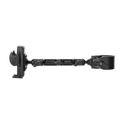 The Mega Grip™ Phone Holder with Multi-Angle Arm and Clamp Mount is a black, heavy-duty device designed for securely attaching your phone or accessories, featuring clamps on both ends and shown against a plain white background.