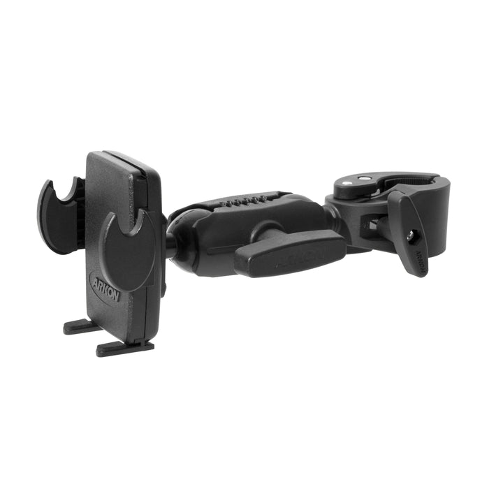 The Mega Grip Phone Holder with Clamp Mount is a black heavy-duty holder featuring an adjustable clamp and rotating arm, perfect for securely mounting phones or GPS devices to handlebars.