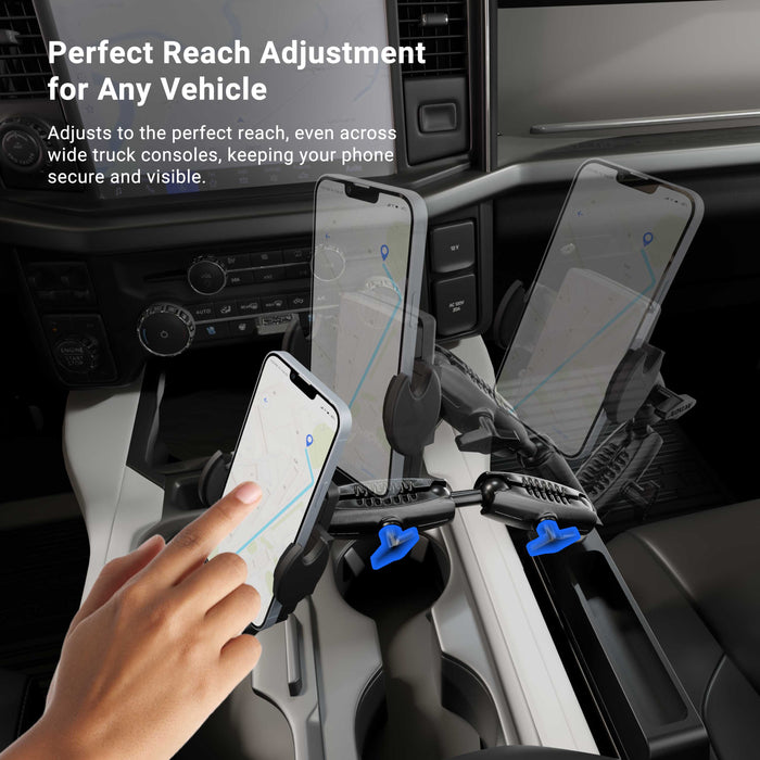 A hand adjusts a smartphone in the Mega Grip™ Phone Holder with Seat Wedge Mount inside a vehicle. The phone displays a map. Text reads: Perfect Reach Adjustment for Any Vehicle. Blue arrows indicate adjustable positions.
