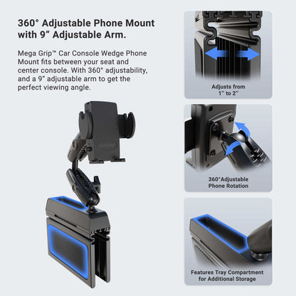 The Mega Grip™ Phone Holder with Seat Wedge Mount is shown installed between car seats, featuring a 9-inch adjustable arm that makes it an ideal car console phone mount. Insets highlight its 1–2 inch wedge fit, 360-degree phone rotation, and a built-in storage compartment at the base, complemented by visible blue LED accents.