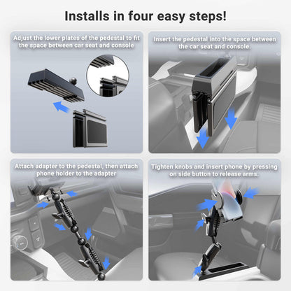 Four-step guide: Adjust the pedestal plates, insert the Mega Grip™ Phone Holder with Seat Wedge Mount in the gap between seat and console, attach and adjust the universal phone holder, then tighten knobs and press the button to release the holder arms.