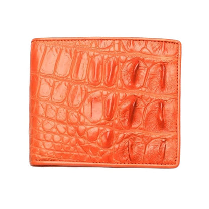 The front of the men's orange crocodile bifold wallet, showing the distinct and rugged texture of the genuine backbone skin.