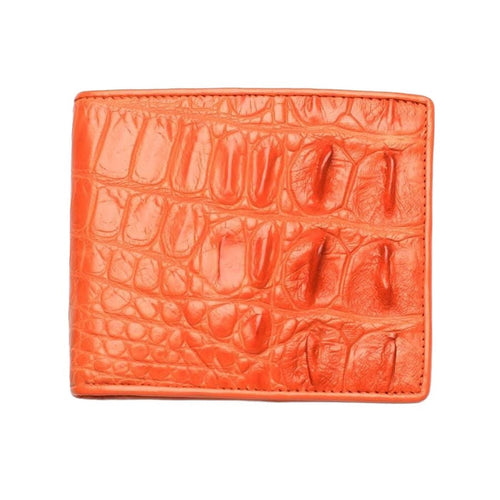 The front of the men's orange crocodile bifold wallet, showing the distinct and rugged texture of the genuine backbone skin.
