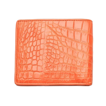 The back of the men's orange crocodile wallet, displaying the smaller, premium scale pattern of the genuine crocodile skin.