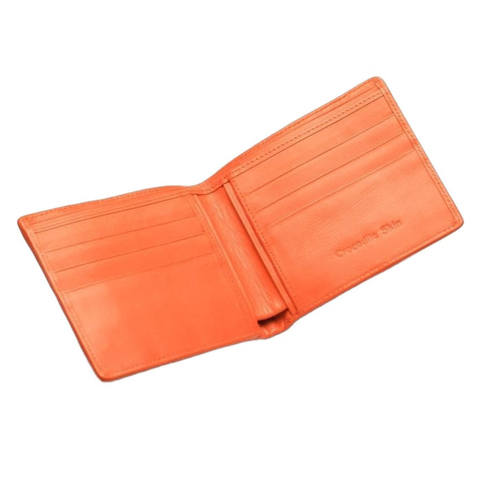 The full interior of the men's orange leather bifold wallet, showing all 10 credit card slots and the "Crocodile Skin" embossing.