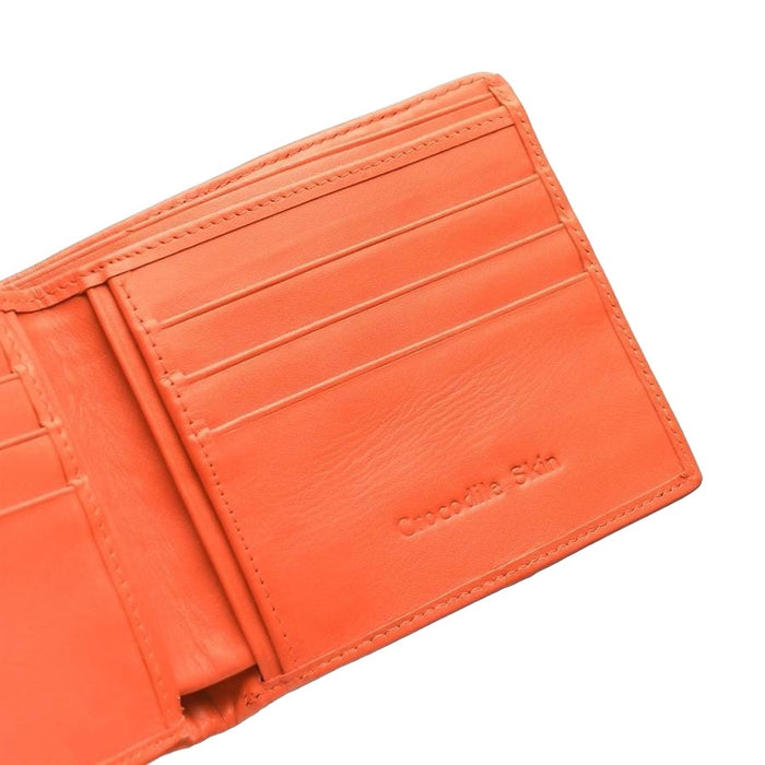 A close-up of the wallet's interior, showing the 10 card slots and the "Crocodile Skin" text embossed in the orange leather.