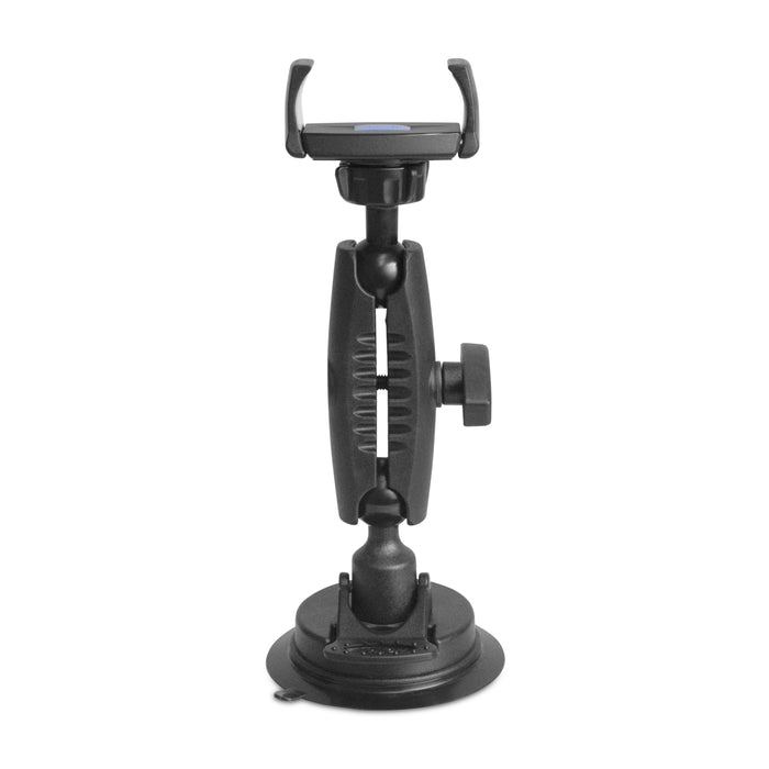 The Mobile Grip 5 Windshield Car Phone Mount with a 3.75” articulated arm features a black, adjustable smartphone holder with a suction cup base and secure clamp for mounting your device to the windshield, displayed against a white background.