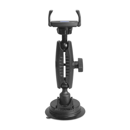 The Mobile Grip 5 Windshield Car Phone Mount with a 3.75” articulated arm features a black, adjustable smartphone holder with a suction cup base and secure clamp for mounting your device to the windshield, displayed against a white background.