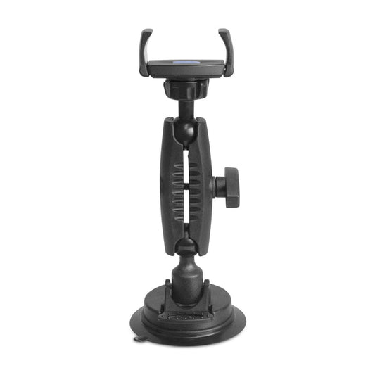 The Mobile Grip 5 Windshield Car Phone Mount with a 3.75” articulated arm features a black, adjustable smartphone holder with a suction cup base and secure clamp for mounting your device to the windshield, displayed against a white background.