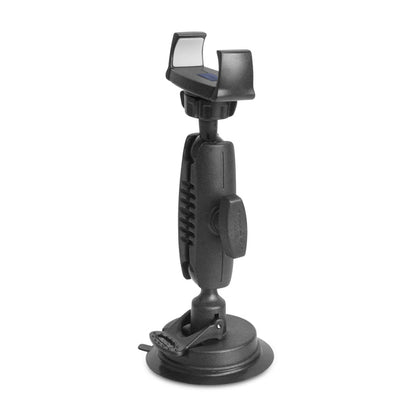 The Mobile Grip 5 Windshield Car Phone Mount with 3.75” Arm is a black suction-cup car mount featuring an adjustable arm and clamp holder, designed to securely hold devices on flat surfaces such as car dashboards or windshields.