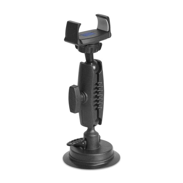 Introducing the Mobile Grip 5 Windshield Car Phone Mount with 3.75” Arm—a sleek black adjustable smartphone holder featuring an extendable arm and a sturdy suction cup base. Designed for secure mounting on flat surfaces such as your car dashboard or windshield, this versatile mount keeps your device within easy reach while you drive, ensuring safe and convenient access at all times.