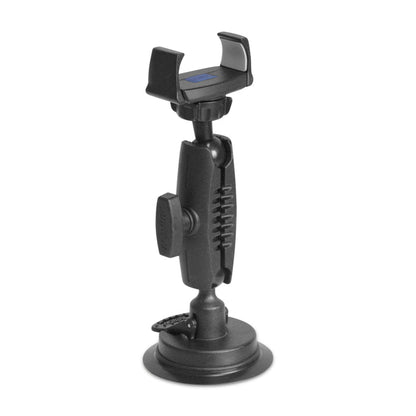 Introducing the Mobile Grip 5 Windshield Car Phone Mount with 3.75” Arm—a sleek black adjustable smartphone holder featuring an extendable arm and a sturdy suction cup base. Designed for secure mounting on flat surfaces such as your car dashboard or windshield, this versatile mount keeps your device within easy reach while you drive, ensuring safe and convenient access at all times.