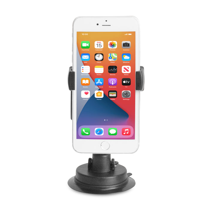 A white smartphone displaying app icons is held upright in the Mobile Grip 5 Windshield Car Phone Mount with a 3.75” arm, featuring an adjustable holder and suction cup base, against a plain white background.