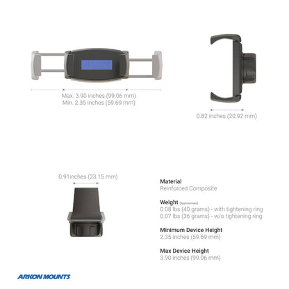 Phone Cup Holder Mount with Mobile Grip 5 Holder - 25mm diagram displaying front, side, and top views with measurements. Dimensions: 2.35–3.90 inches wide, 0.91 inches deep, and 0.82 inches high—perfect as a hands-free phone holder or car cup phone holder in your vehicle. Made from reinforced composite material and weighs just 0.08 lbs. Arkon Mounts logo shown at the bottom left.