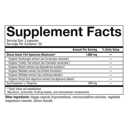 MSC.92090 Youtheory Mushroom Stress Complex 60 Capsules Nutrition Facts Panel