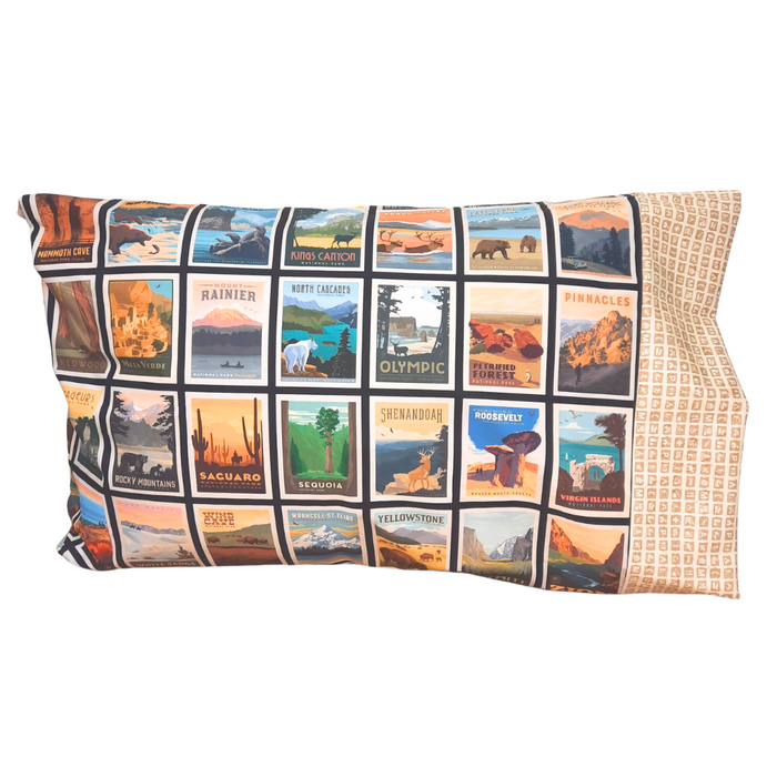 This pillowcase is perfect for the National Parks enthusiast in your life.  Standard Size measures 30" x 20" One pillowcase Choose from cream or green cuff Washing Instructions: Machine Wash Cold/Tumble Dry Low Product designed and sewn by&nbsp;AdventureUs 2022 in Northern Wisconsin  Materials: 100% cotton&nbsp;Riley Blake Designs™ National Parks Posters fabric