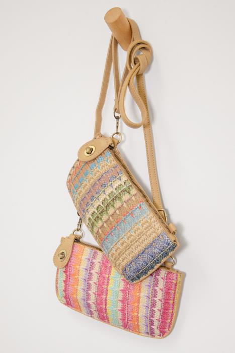 Neutral Multi Woven Stripe Straw Mini Wristlet Crossbody Clutch