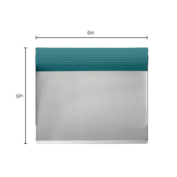 The bench scrape, part of the Nonstick Baking Sheet and Bench Scrape Set, features a green grip and measures 6 inches wide by 5 inches tall, making it ideal for use with your nonstick bakeware.