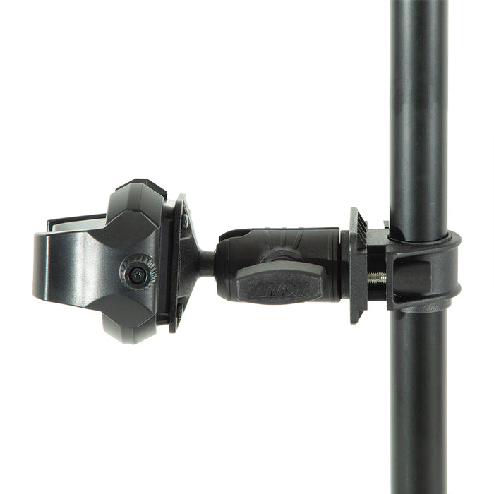 Close-up side view of the black OCTO™ Rail Mount with an adjustable joint and textured grip, securely attached to a vertical pole—ideal for use as a handlebar or motorcycle phone holder and fully compatible with the included RoadVise® Ultra Phone Holder.