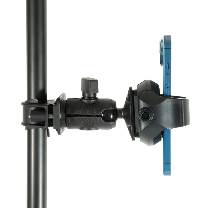 A blue smartphone is secured in a black OCTO™ Rail Mount with RoadVise® Ultra Phone Holder, which is attached to a vertical pole. The image, shown from the side against a white background, demonstrates how this handlebar-style mount can securely hold your device on the go.