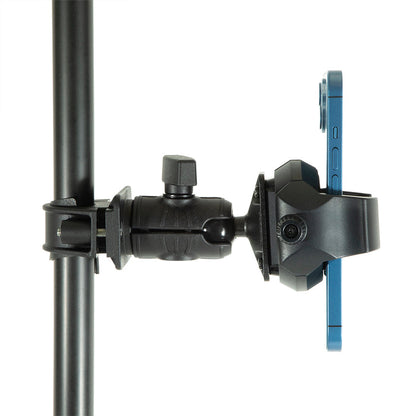 A blue smartphone is secured in a black OCTO™ Rail Mount with RoadVise® Ultra Phone Holder, which is attached to a vertical pole. The image, shown from the side against a white background, demonstrates how this handlebar-style mount can securely hold your device on the go.