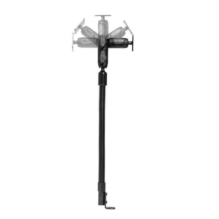 OCTO™ Ratcheting Arm with 18″ Heavy-Duty Seat Rail Mount and AMPS mounting pattern, shown in black with adjustable positions indicated in gray—offers versatile positioning similar to an adjustable vehicle device holder or a robust tablet mount, and attaches securely to a rail using a clamp and flexible extension.