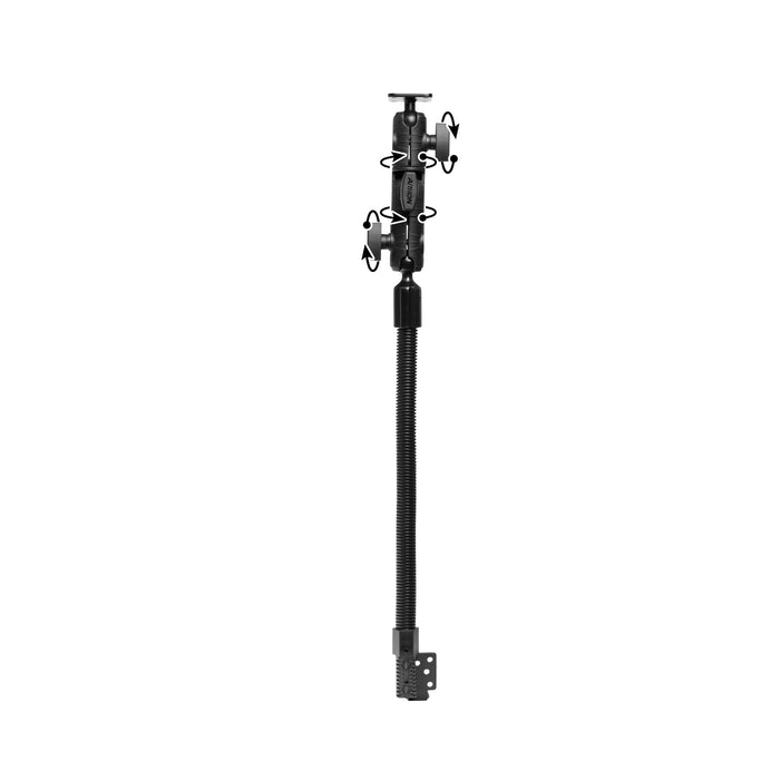 The OCTO™ Ratcheting Arm with 18″ Heavy-Duty Seat Rail Mount and AMPS mounting pattern features a black adjustable metal arm with knobs, an extension pole, and a base mount; curved arrows indicate its multi-joint movement and rotation capabilities, making it ideal for use as a heavy-duty tablet mount or adjustable vehicle device holder.