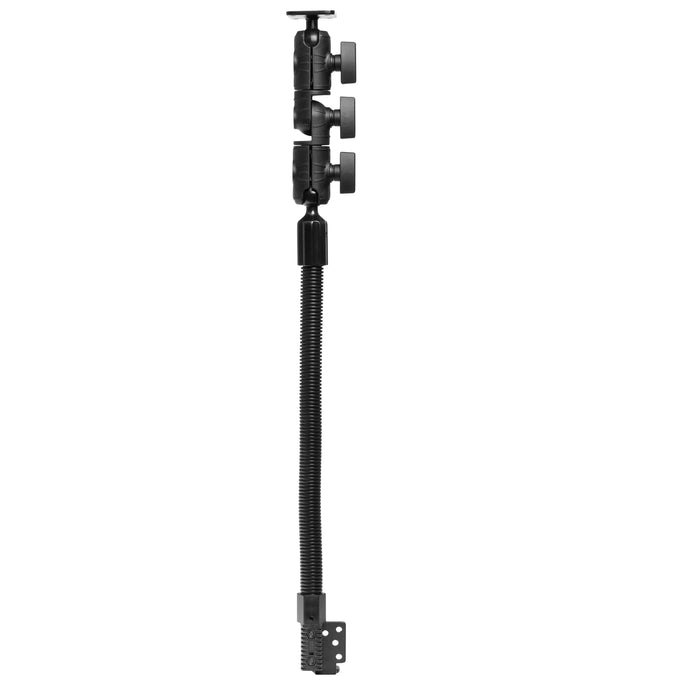 The OCTO™ Ratcheting Arm with 18″ Heavy-Duty Seat Rail Mount and AMPS Mounting Pattern is a black articulating arm featuring adjustable knobs and a mounting plate, designed to securely support cameras, accessories, or tablets in photography and videography setups, while also providing reliable heavy-duty mounting for versatile device positioning.