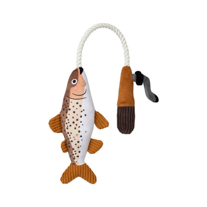 Petshop by Fringe Studio dog toys On The Line Fish on a Rod Plush Squeaky Rope Dog Toy