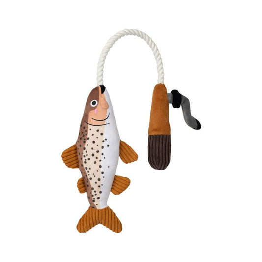 Petshop by Fringe Studio dog toys On The Line Fish on a Rod Plush Squeaky Rope Dog Toy