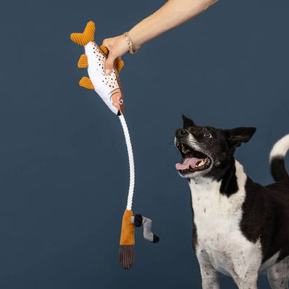 Petshop by Fringe Studio dog toys On The Line Fish on a Rod Plush Squeaky Rope Dog Toy