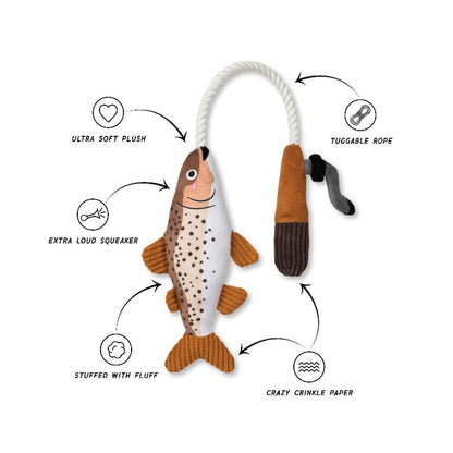 Petshop by Fringe Studio dog toys On The Line Fish on a Rod Plush Squeaky Rope Dog Toy