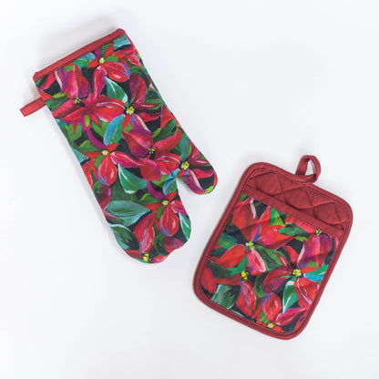 Poinsettia patterned oven mitt and pot holder against white background