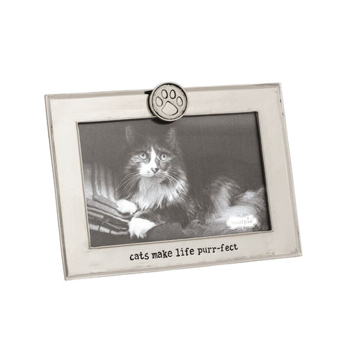 Silver picture frame with paw design and cat photo, text 'cats make life purr-fect' on a white background