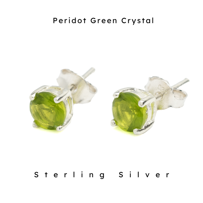6 mm peridot green crystal stone with sterling silver post. Nickel Free and hypoallergenic.