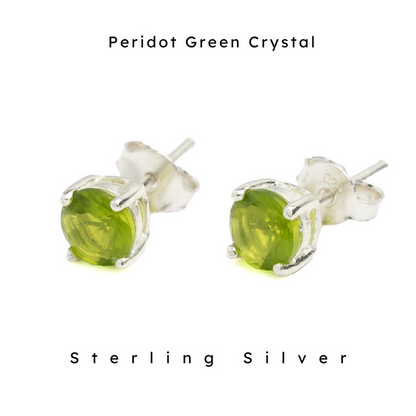 6 mm peridot green crystal stone with sterling silver post. Nickel Free and hypoallergenic.