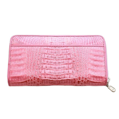 The back view of the pink crocodile hornback wallet, showing the full exotic skin texture.
