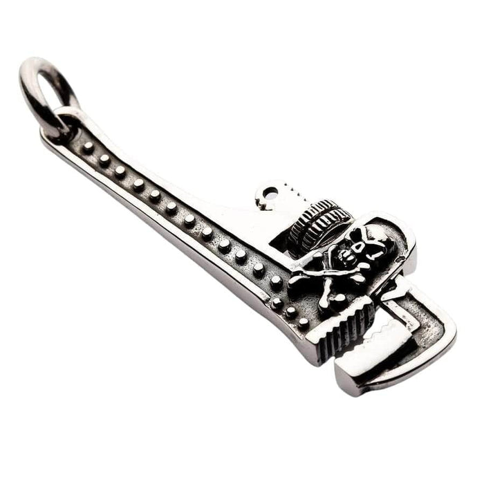 Sterling silver pipe wrench pendant with skull and crossbones front view