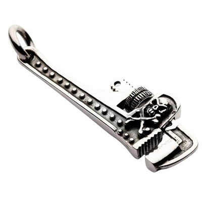 Sterling silver pipe wrench pendant with skull and crossbones front view