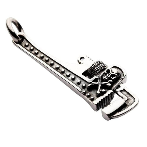 Sterling silver pipe wrench pendant with skull and crossbones front view