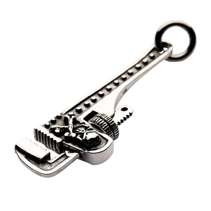 925 sterling silver wrench pendant showing skull crossbones detail