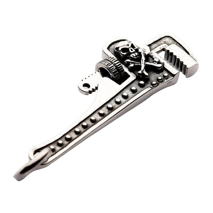 Biker skull wrench pendant in sterling silver top angle view