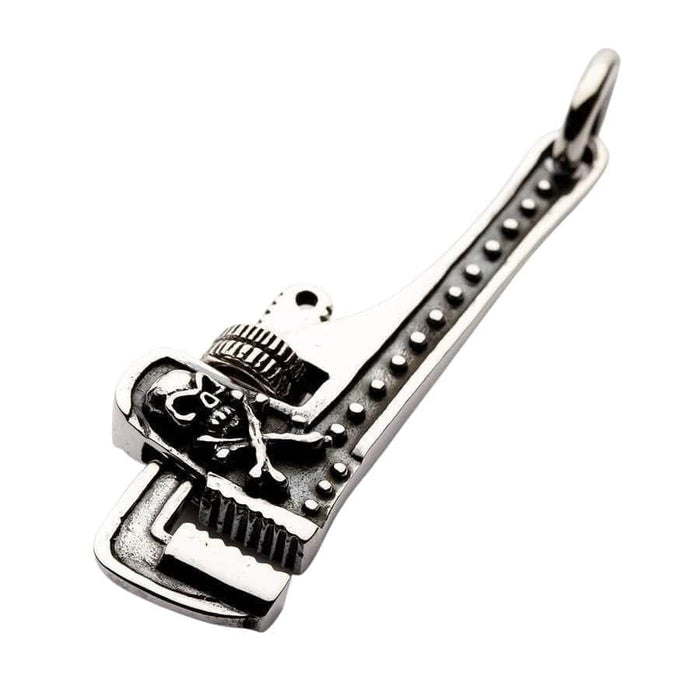 Sterling silver tool pendant with skull design side profile