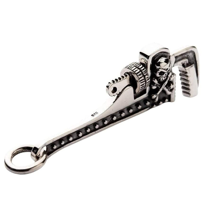 Mens sterling silver wrench necklace pendant detailed closeup