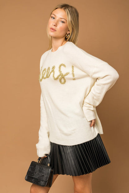 Petal and Pup USA Knitwear Poppy Cursive Cheer Knit Sweater - White