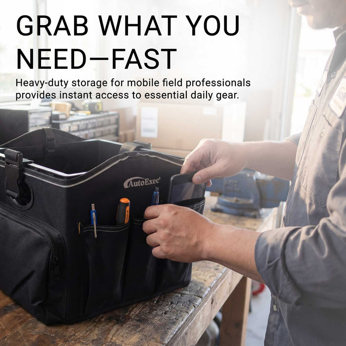 A person places pens in the front pocket of a black Apron Organizer attached to a Portable Crate Workstation on a workbench; text reads, Grab what you need—fast and highlights heavy-duty storage designed for mobile field professionals. Ideal as part of your Portable Crate Workstation with Apron Organizer – Choose Your Mounting Setup, this organizer ensures all your essentials are neatly arranged and easily accessible whenever you need them.