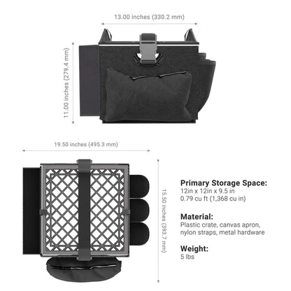 The Portable Crate Workstation with Apron Organizer – Choose Your Mounting Setup is a black storage case featuring a mesh cover, side pockets, and convenient straps. Ideal for use as a portable or mobile workstation, it offers primary storage space measuring 12x12x9.5 inches and weighs 5 lbs. Dimensions and materials are detailed in the product listing.