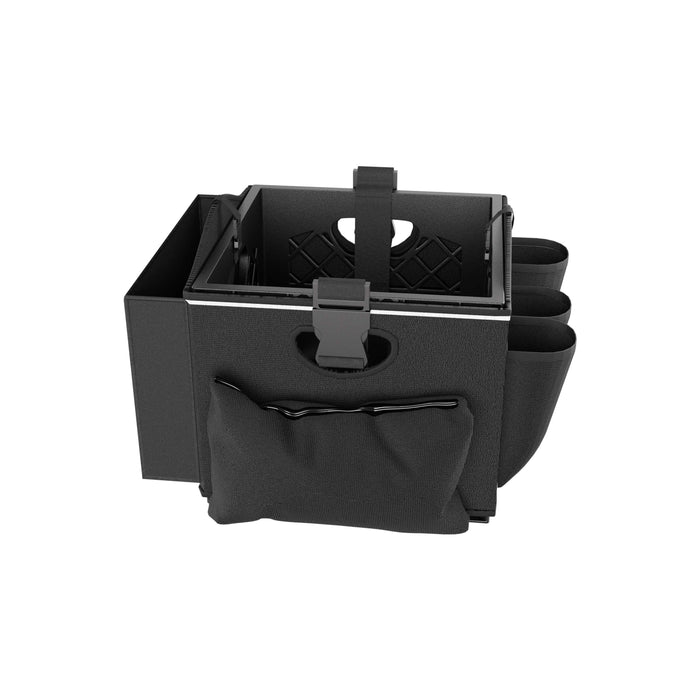 The Portable Crate Workstation with Apron Organizer – Choose Your Mounting Setup is a black storage caddy featuring multiple compartments, side pouches, a front zippered pocket, convenient handles, and a central buckle strap. Designed for organizing items on the go, it functions as a portable crate workstation ideal for mobile organization needs.